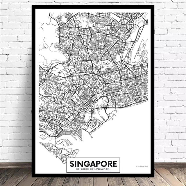 Плакат с сингапурской картой черно-белый принт современная городская линия