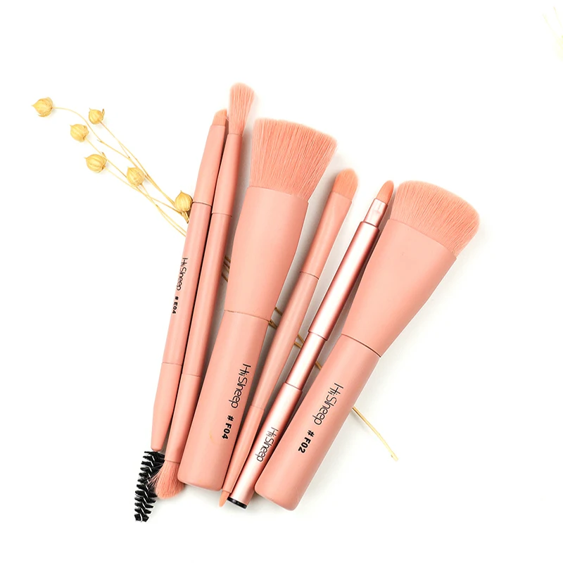 

Pink 6Pcs Double Head Makeup Brush Set Portable Flat Kabuki Powder Foundation Blush Concealer Eyeshadow Smudge Blending Brushes