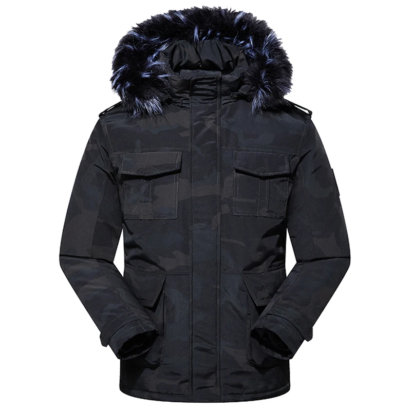 Мужская зимняя куртка с длинным меховым воротником и капюшоном, пуховая парка для мужчин, Толстая теплая армейская Военная Тактическая ветрозащитная верхняя одежда, спортивные пальто - Цвет: Black-Camo
