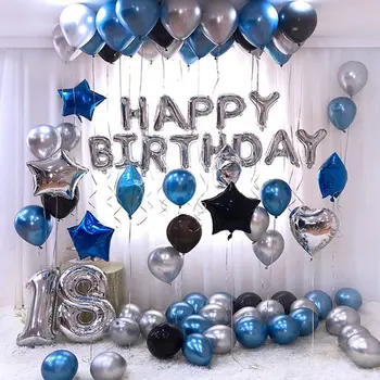 

1 Set 18 Happy Birthday Foil Number Balloons Globos Blue & 1Pcs 12 Inch Iron Round Cake Stand Cake Plate White