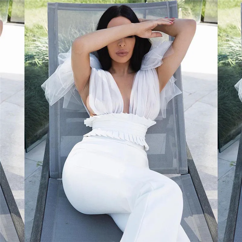 white jumpsuit Adogirl Модный комбинезон с бантом из искусственной кожи, сексуальный комбинезон без рукавов с v-образным вырезом, широкие штаны, женские комбинезоны - Цвет: white jumpsuit
