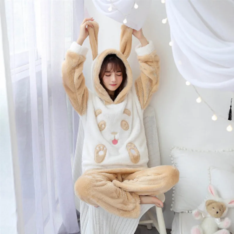 Panda Ears Женская пижама, утолщенная зимняя теплая Пижама, комплект с рисунком животных, домашняя одежда с капюшоном, Фланелевая пижама, женский домашний костюм - Цвет: Panda Ears