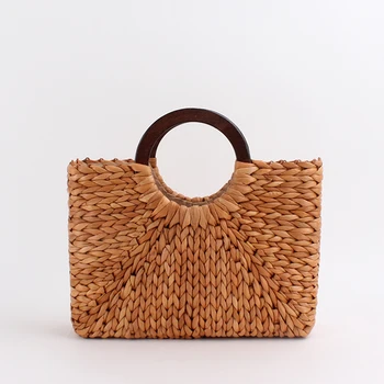 

Vintage Wooden Handle Rattan Women Handbags Wicker Woven Large Capacity Totes Summer Beach Straw Bag Lady Square Bali Big Purse