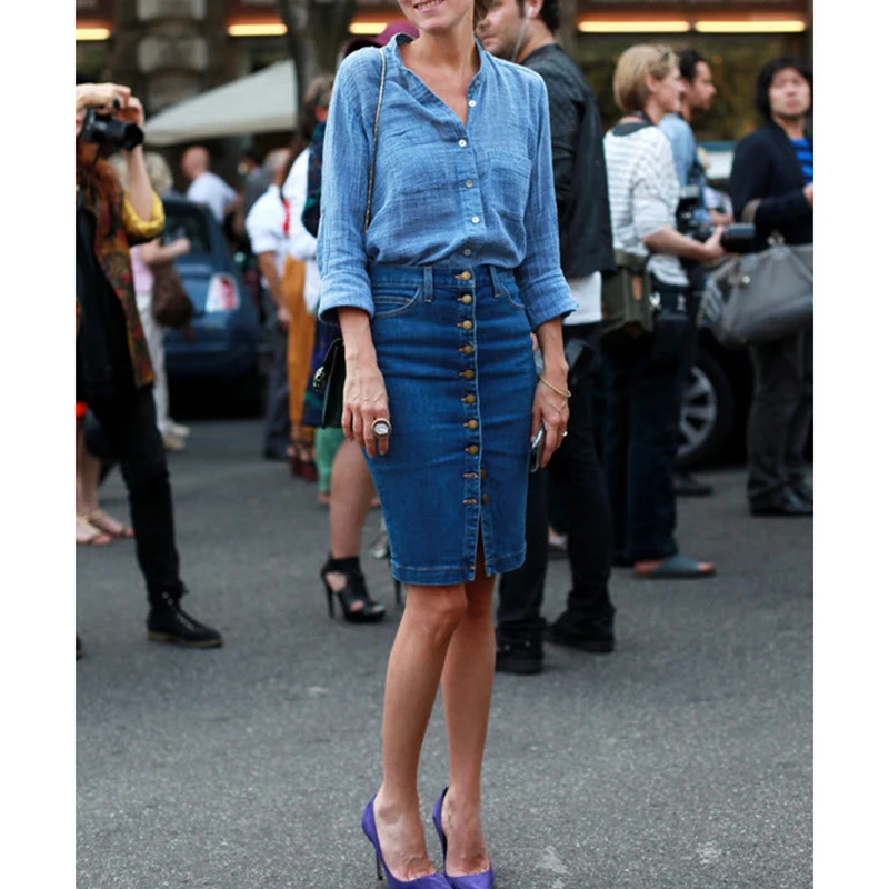 Женские осенние сексуальные однобортные пуговицы Карманы Уличная универсальная Тонкая Повседневная синяя Модная Джинсовая юбка SJ4144E