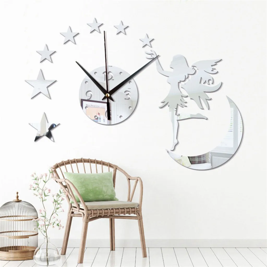Moon Stars Angel Girl Art роскошный дизайн DIY Съемный 3D кристалл зеркало настенная наклейка для стены в виде часов Гостиная Спальня украшение