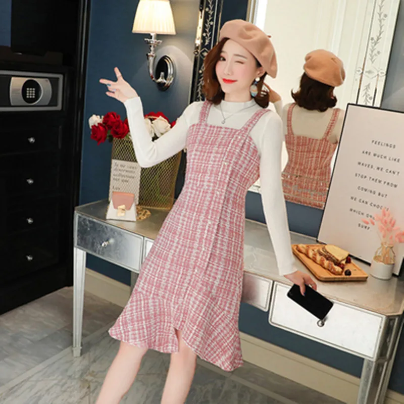 

New Mermaid Tweed Dress Two piece Set Women's Suit Fashion Solid White Knit Pullover Tops + Pink Plaid Beaded Sling Dress Set