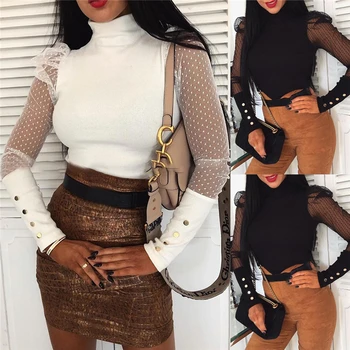 

Women Spring Mesh Puff Long Sleeve Ribbed Knitted Shirt Slim Casual Solid Blouse Tops Elegant Turtleneck Party Clubwear