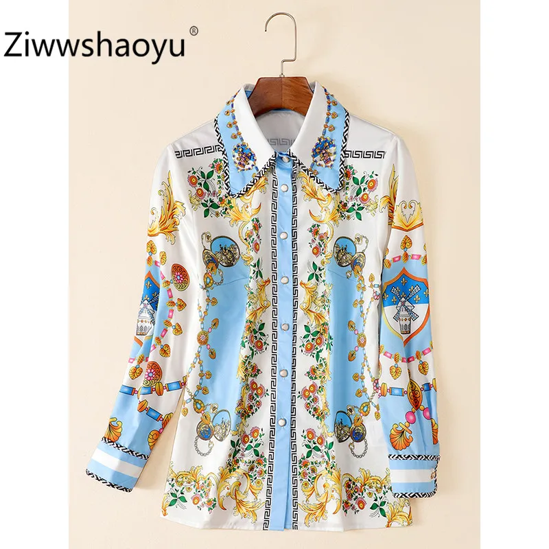 Ziwwshaoyu/Модная Осенняя женская блузка высокого качества с длинными рукавами и бриллиантами+ мини-юбка, принтованный костюм с юбкой, новинка