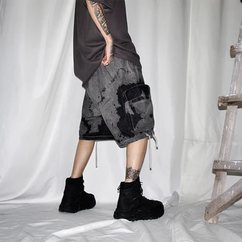

EWQ / men's wear 2020 summer new oversize denim shorts for male loose tie-dyed splash-ink elastic waist knee length pants 9Y2166