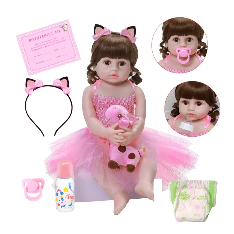56CM Real Size Original Reborn Bebe Doll 22'' Toddler Girl Pink Princess Bath Toy Soft Full Body Silicone Curly Hair | Игрушки и