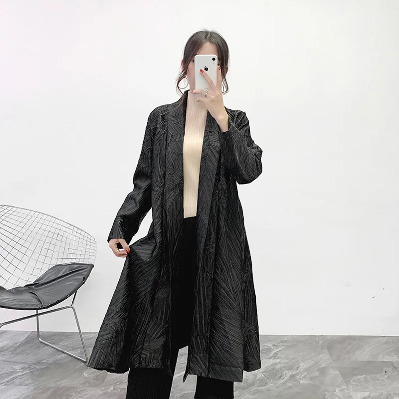 Miyake плиссированные двухсторонние тренчи женские модные повседневные свободные с отложным воротником с поясом сплошное длинное пальто зимний плащ большого размера
