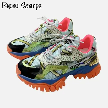 

2020 New Color Matching Sneakers Genuine Leather Mixed Colors Shoes Platform Flat Women Shoes Thick Sole Sneakers Fashion Flats