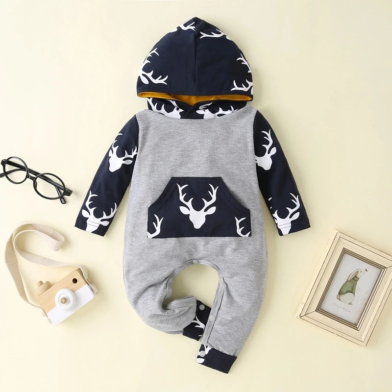 

PatPat 2020 Autumn and Spring Comfy Color-blocking Elk Print Hooded Long-sleeve Jumpsuit in Grey for Baby Baby Boy Clothes