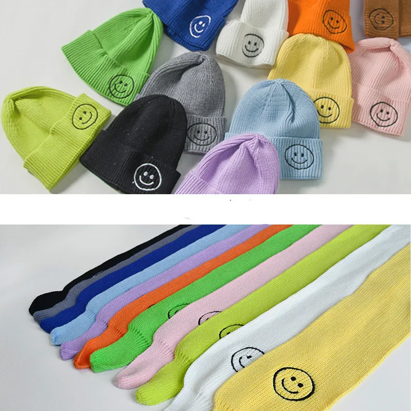 Winter Children Hat Scarf Sets Girls Cute Sweet Pink Smile Beanie Hats Boys Solid Knitted Warm Soft Hat Neck Scarves