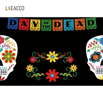 

Laeacco Colorful Flags Flowers Skull Skeleton Photography Backgrounds Day of the Dead Photo Backdrops Mexico Party Photophone