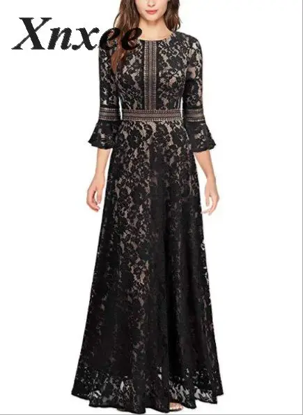 Женское элегантное осеннее Новое Кружевное Свободное длинное тонкое платье Vestido de novia - Цвет: Черный