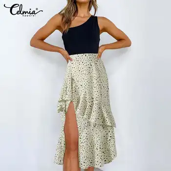 

Polka Dot Print Skirts Celmia 5XL Women Sexy High Waist Long Skirts 2020 Summer Bohemian High Waist Ruffles Skirts Casual Skirt