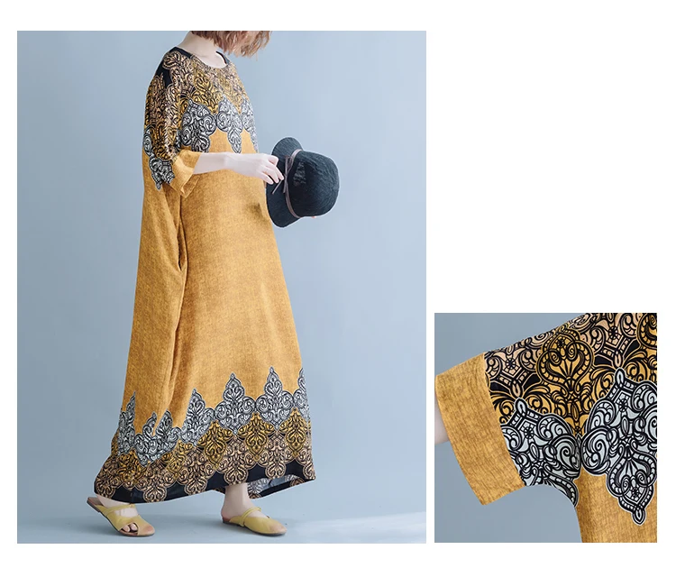 4XL 5XL 6XL 7XL 8XL плюс размер Boho платья для женщин осенние модные свободные художественные этнические печати Макси-Платье рубашка Femme платье "летучая мышь"