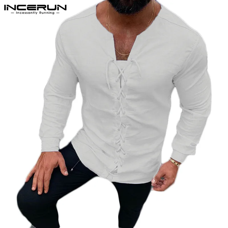 Goedkoop Incerun Mannen T shirt Vintage V hals Lace Up Effen Kleur Streetwear Casual Retro Ademend Camiseta Lange Mouw T shirt Mannen S 5XL