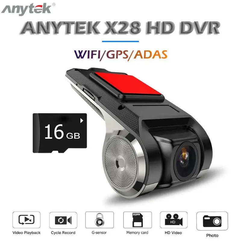 Anytek X28 Full HD 1080P автомобильная dvr камера WiFi ADAS 150 градусов объектив Dashcam рекордер+ 16 гб TF карта