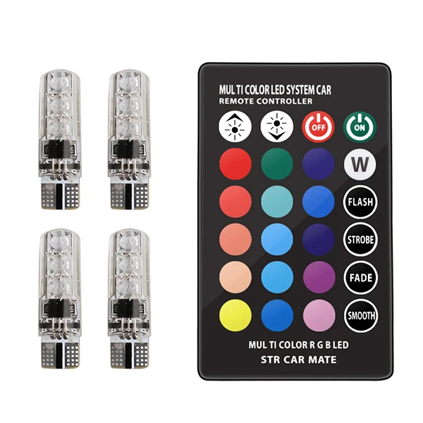 2 Pieces T10 W5W LED Car Lights LED Bulbs RGB With Remote Control 194 168 501 Strobe Led Lamp Reading Lights White Red Amber 12V - Испускаемый цвет: 4 bulbs 1 remote