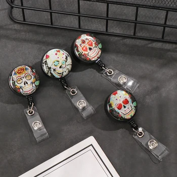 

1 PC Fashion Skull Pattern Retractable Badge Reel 360° Rotation Badge Clip IC Identification Card Plate Holder Office Supplies