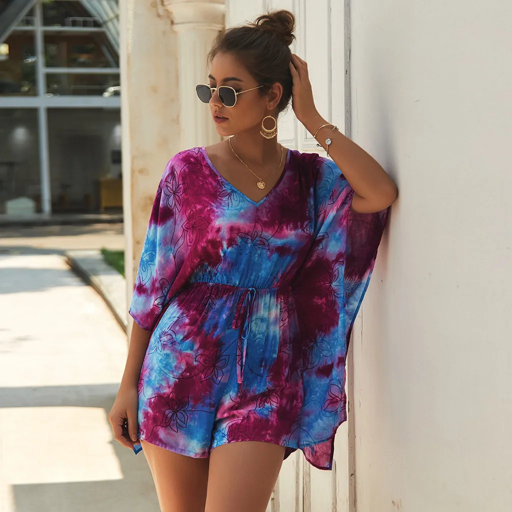 Женские модные комбинезоны Boho Dye Print комбинезон летние короткие комбинезоны для женщин комбинезон женский рукав летучая мышь пляжный комбинезон