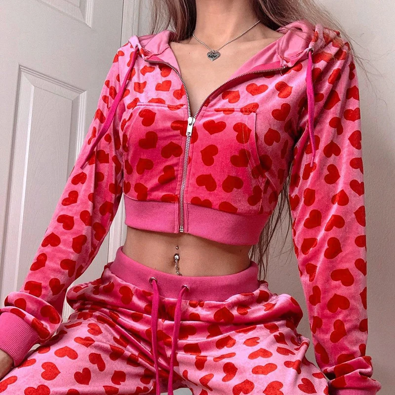 ladies coat pant suit INGOO Hot Girl 2 Pieces Set Y2K Love Printed Cardigan Hooded Sweater Lace-up Trousers Street Women Tracksuit Casual Outfits Suit tweed two piece set