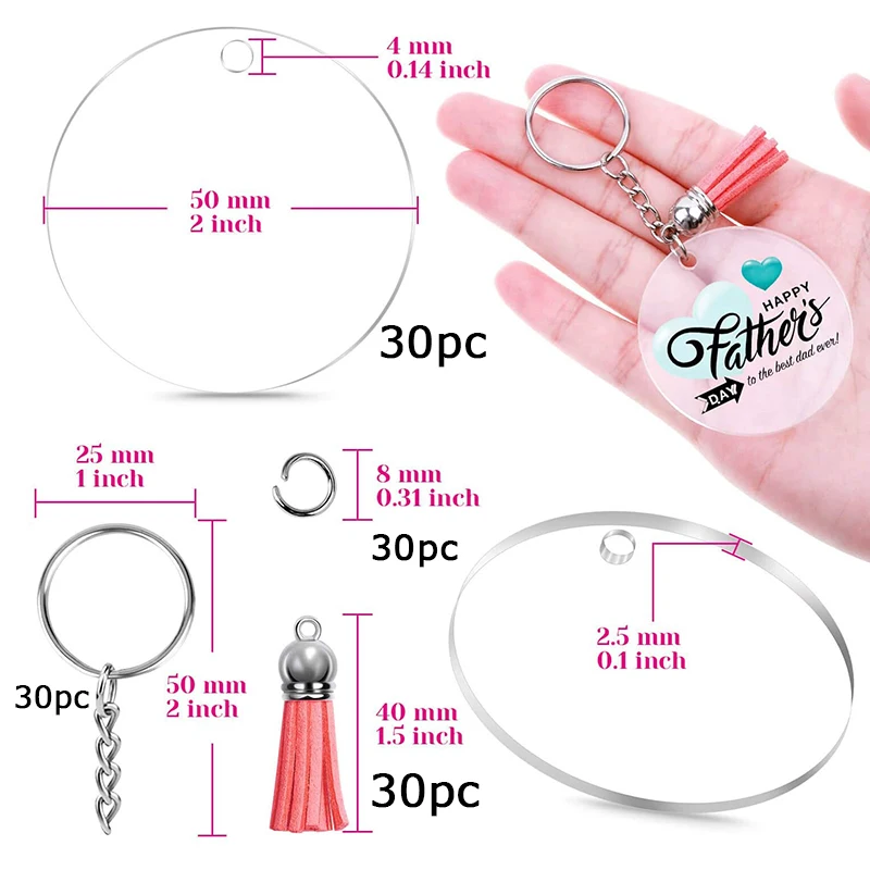 Acrylic Keychain Blank For Vinyl,40pcs Clear Circle Keychains Blanks Bulk  With Tassels Charms Key Fo