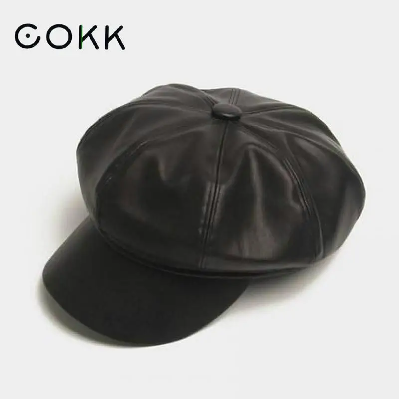 Кожаная Шапка COKK Женская осенне зимняя кепка газетчика берет женские шапки для