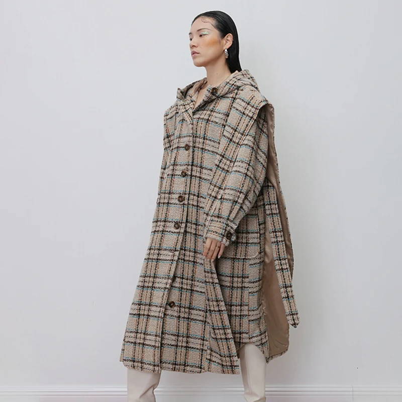 TWOTWINSTYLE корейское клетчатое лоскутное шерстяное пальто для женщин с капюшоном с длинным рукавом большого размера свободные женские пальто осенняя одежда Новинка