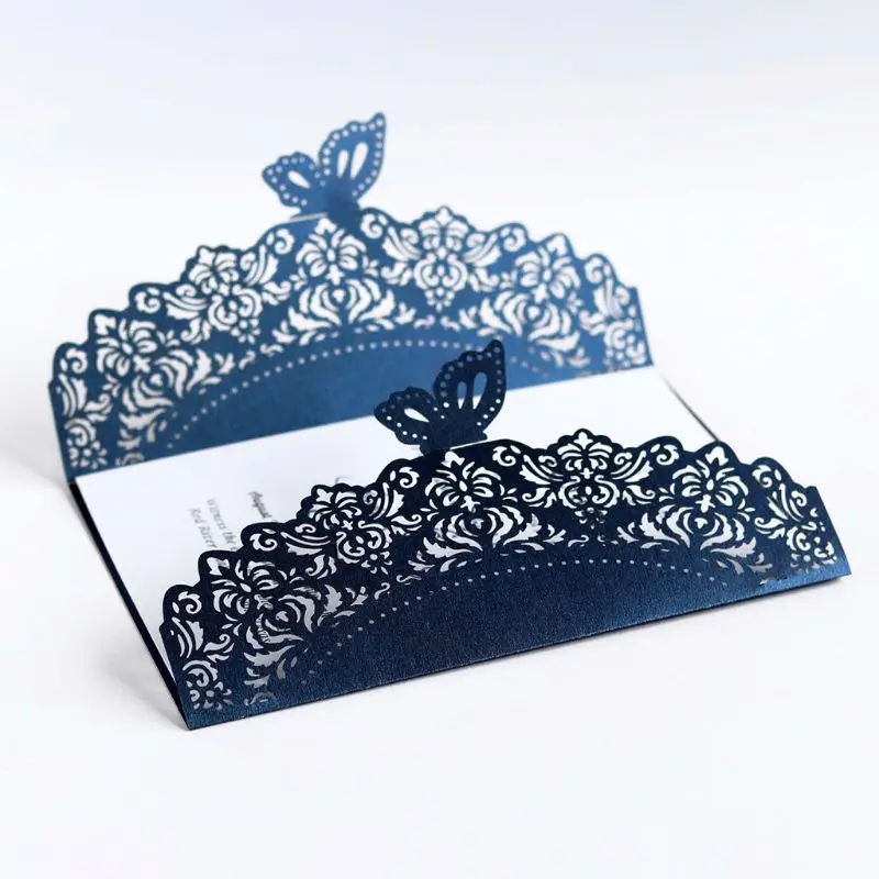  10pcs/set Glitter Laser Cut Lace Wedding Invitation Cards With Butterfly Bow For Wedding Bridal Sho - 4000036112398