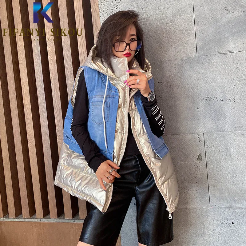

Denim Patchwork Women Winter Vest Hooded Sleeveless Jacket Thick Warm Down Cotton Vest Coat Female Fashion Winter Jacket Vests