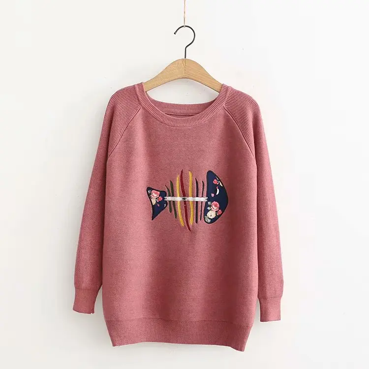 mori girl lovely fish bones embroidered patch loose long-sleeved o-neck knit sweater pullover female 55726