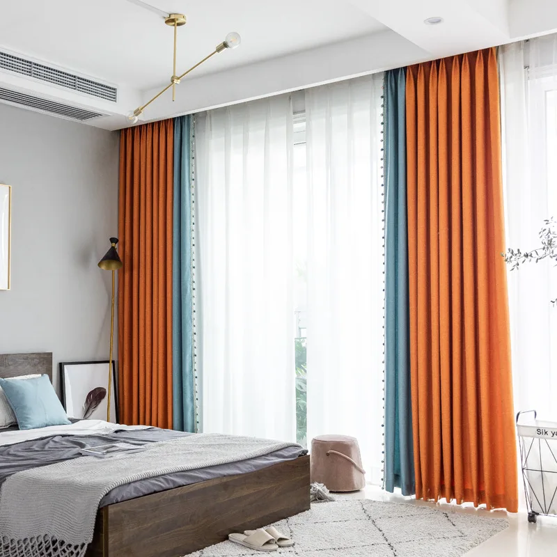 

Modern Simple Curtains Solid Color Linen Splicing Blackout Curtains for Living Room Bedroom Curtains