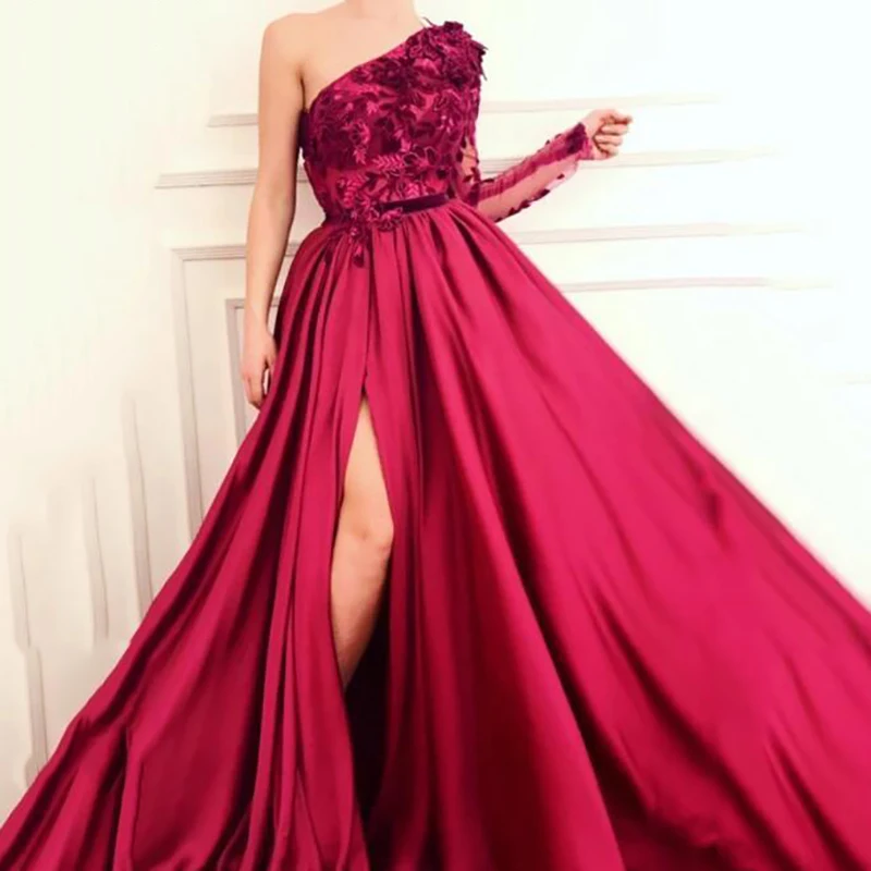 

Eightree Burgundy One Shoulder Formal Evening Gowns 3D Flowers A Line Evening Dresses Front Split Long Sleeve Split Prom Dress