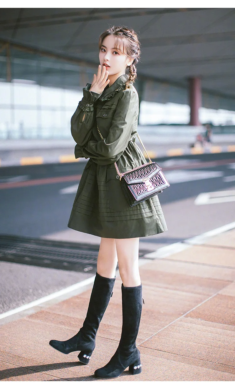 Autumn and Winter Dress Military Green Baby Collar Dress Women's A-line Shirt Straight Winter Dresses Women
