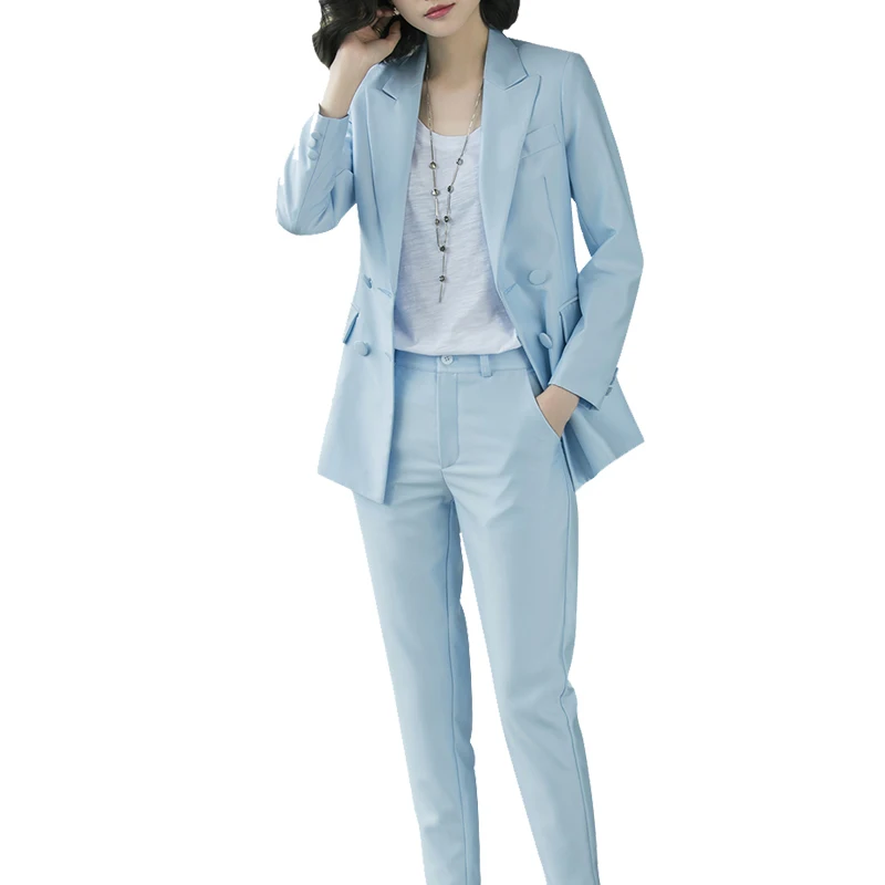 Blue Pantsuits Женские костюмы с блейзером из двух частей, однотонные деловые брючные костюмы, двубортные офисные женские рабочие костюмы - Цвет: Blue Pantsuits