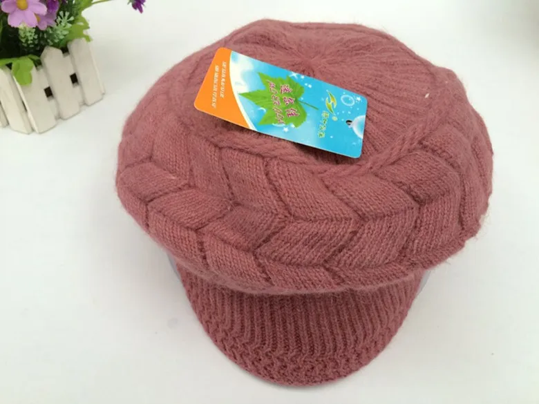 Light purple Женская зимняя теплая вязаная шапка, шерстяные Лыжные шапки с козырьком, мягкая шапка из кроличьего меха, зимняя модная шапка - Цвет: Light purple