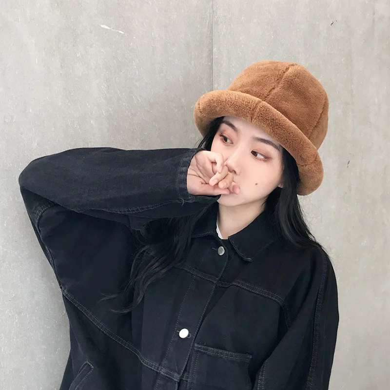 

LOOZYKIT 2019 Winter Fleece Hat Fur Thick Warm Bucket Hats Casual Solid Color Flat Top Fluffy Headwear Hat Cap Feminios Gorras