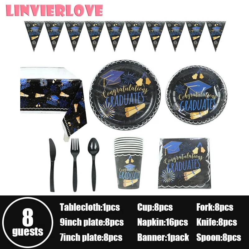 8guests LINVIERLOVE 32 шт. Выпускной комплект для вечеринки для школьников празднование выпускного одноразовая столовая посуда все для праздника - Цвет: 8guests