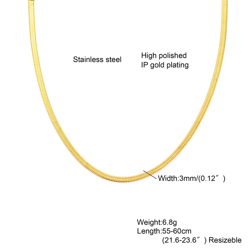 Snake Necklace Men,Gold Color Flat Snakes Chain Necklaces Layering Simple Herringbon Link Choker Men Women Jewelry 38cm - 60cm