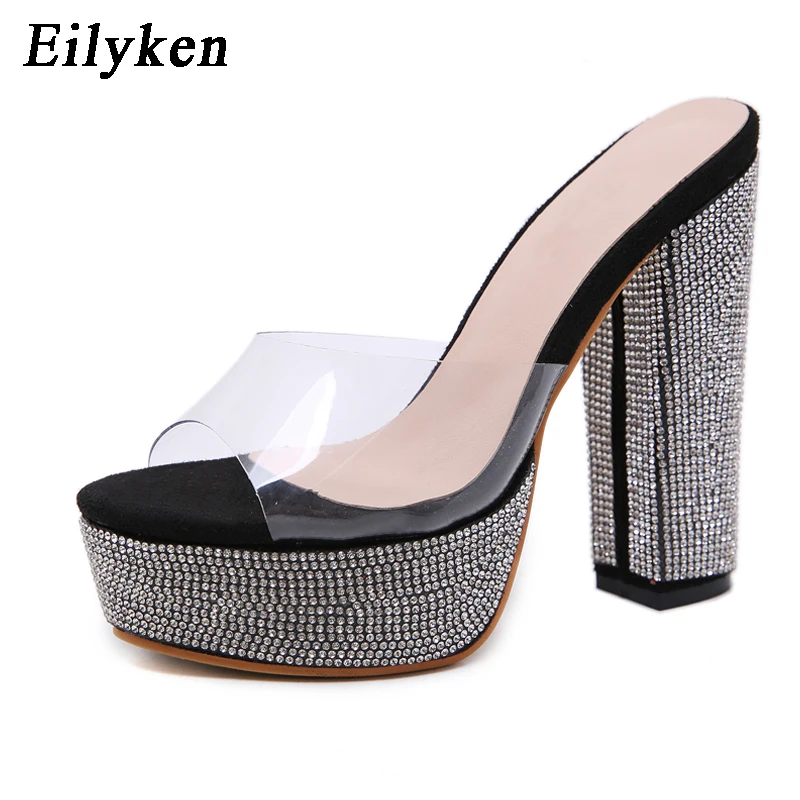 Black EilyKen/шлепанцы на платформе и каблуке; женские прозрачные шлепанцы; шлепанцы на высоком каблуке 14 см со стразами; модные туфли-лодочки без застежки; цвет черный, абрикосовый - Цвет: Black