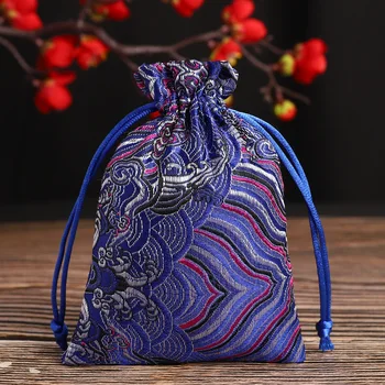 

50Pcs Handmade Embroidery Drawstring Packing BagGift Chinese Style Silk Brocade Jewelry Bag Trinket blue wave Storage Pouch