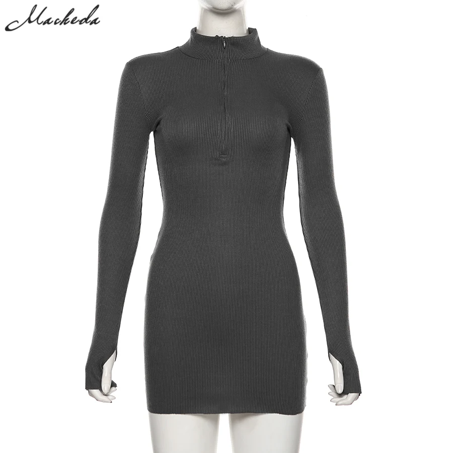 Macheda Autumn Winter Stretch Slim Soft Ribbed Knitted Turtleneck Dress Woman Fashion Solid Black Casual Bodycon Zip Dress formal dresses