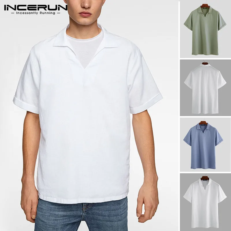 

INCERUN Men's Shirt Lapel Vintage Loose Street Cotton Breathable Solid 2020 Camisas Hombre Short Sleeve Casual Shirts Men S-5XL