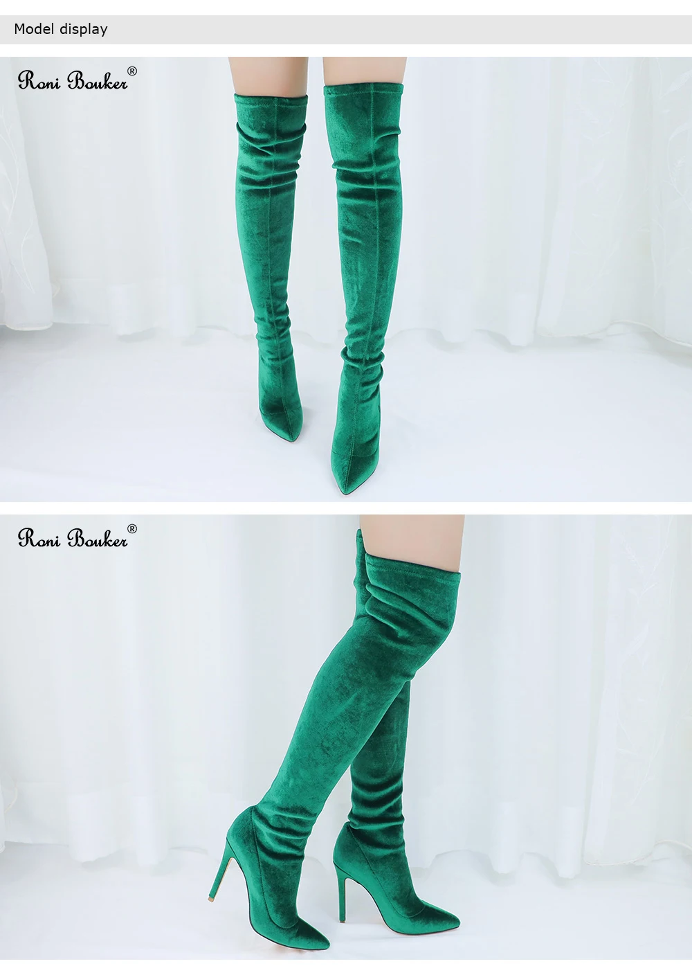 Roni Bouker, зеленые бархатные женские ботфорты выше колена осенне-зимняя обувь женская пикантная обувь на высоком тонком каблуке из эластичной ткани без застежки, размер 42