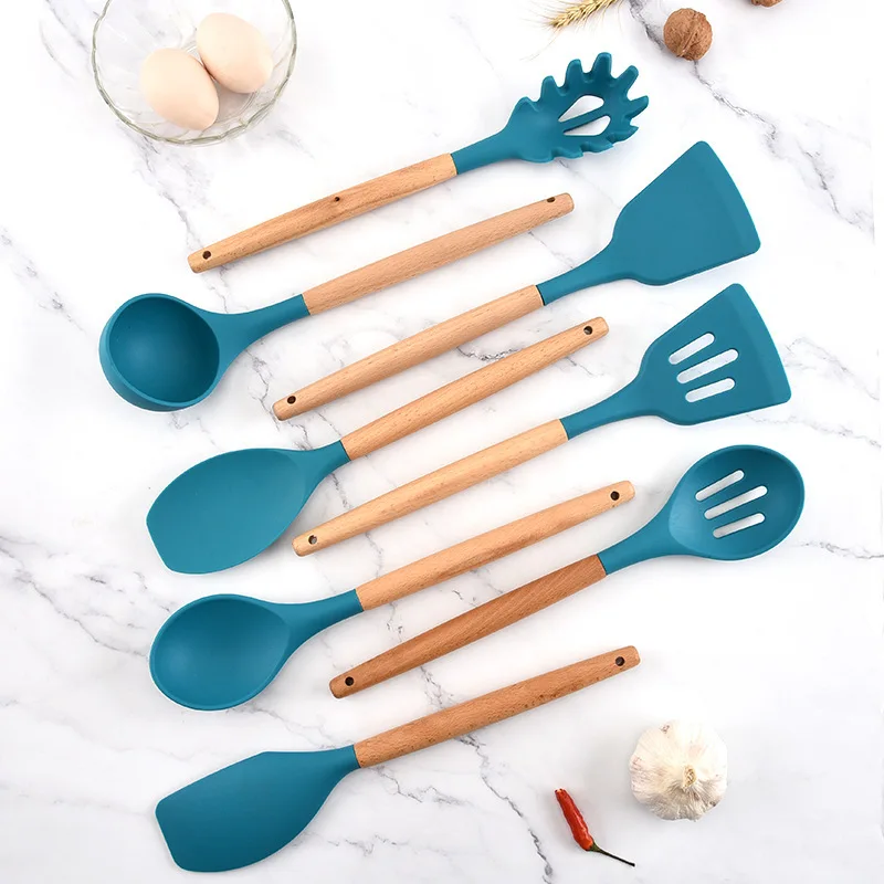 

Silica Gel Kitchen Ware 8 Paper Set No Stick Pan Cooking Scoop Suit Wooden Handle Truner Kitchenware Cooker Suit