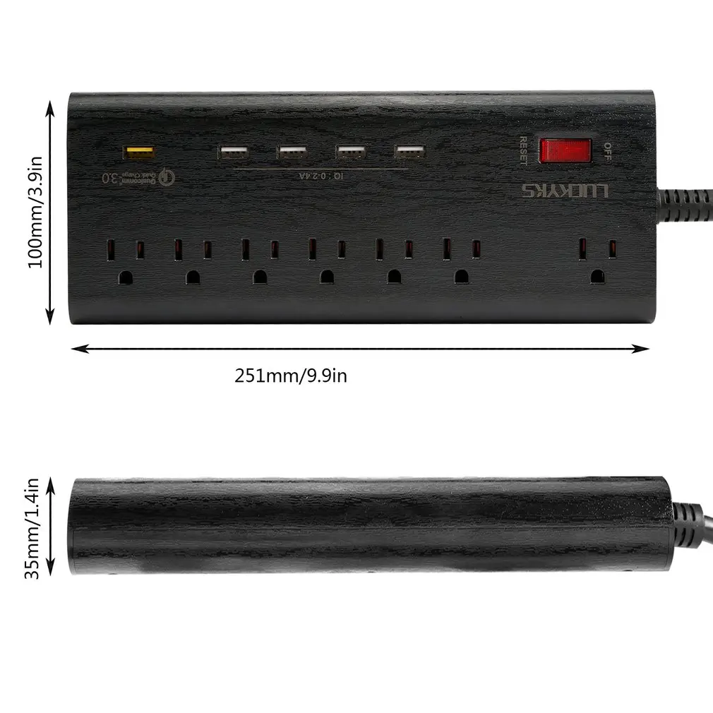 LUCK Black Multifunctional Surge Protective Platooninsert 7 Outlet Extension Socket Power Strip with 5 USB Charging Ports