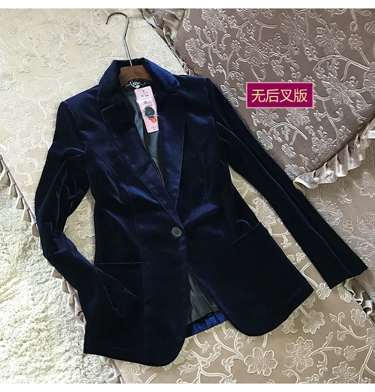 Высокое качество бархатный женский Блейзер черный синий элегантный женский Блейзер Костюмы Плюс размер длинный рукав тонкий офисный костюм куртка